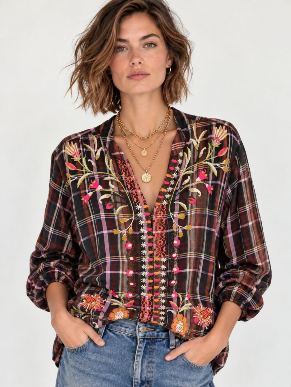 Johnny Was Workshop Embroidered Plaid Blouse Boho Western